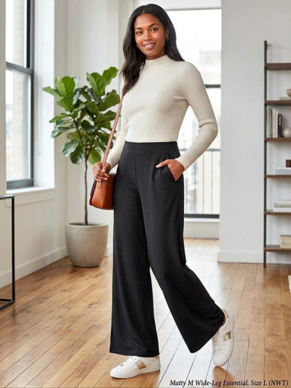 Matty M Wide-Leg Essential Trouser Pants in Black Size Large NWT
